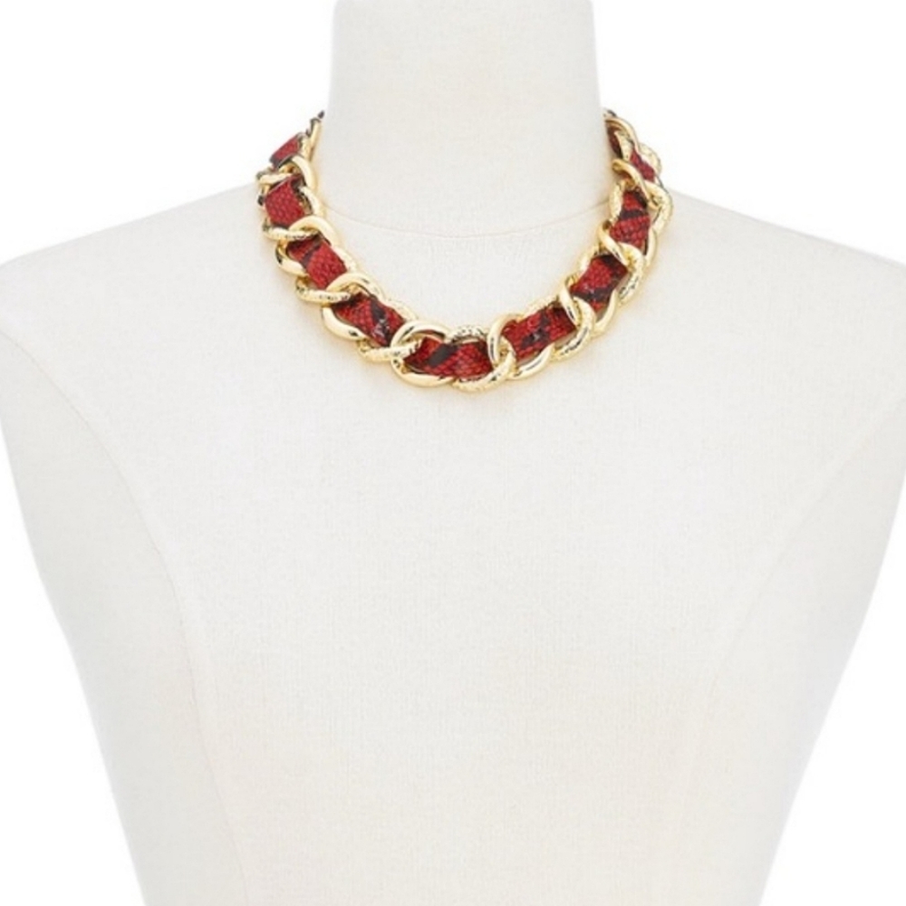 Thalia Sodi Red Woven Gold Chain collar necklace